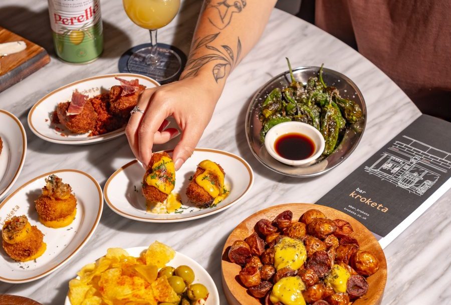 An array of tapas food on a table.
