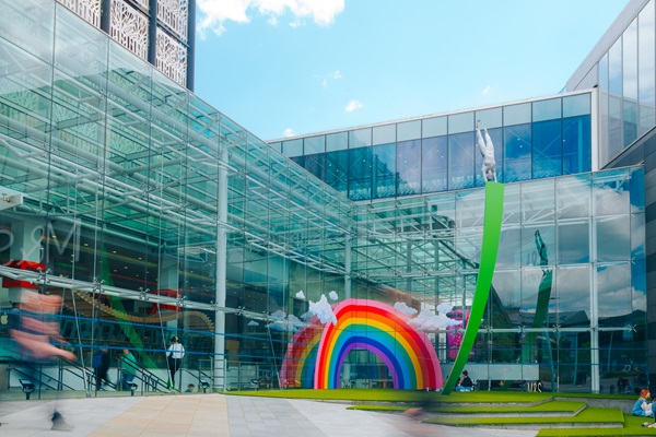 The pride rainbow on the front of Drake Circus.
