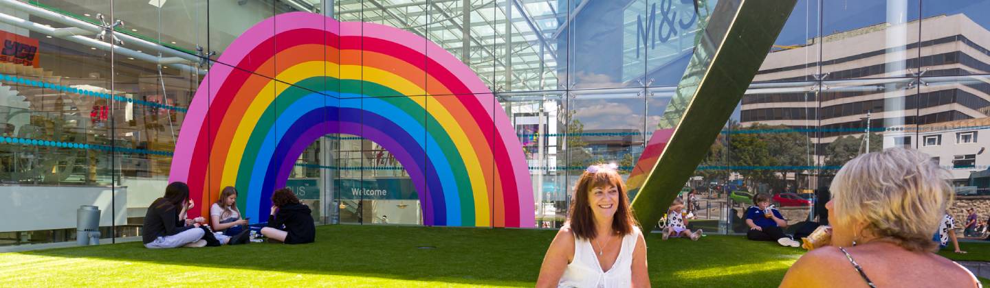 Rainbow vinyl on window at drake circus