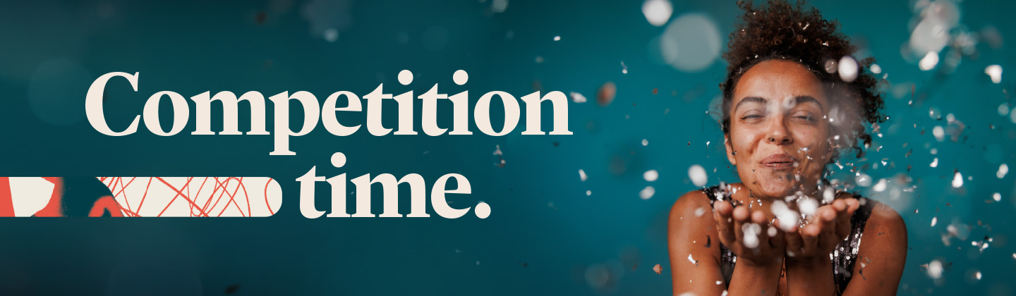Competition time banner, green banner with confetti