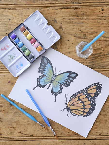 A butterfly painting with watercolour paints around it.