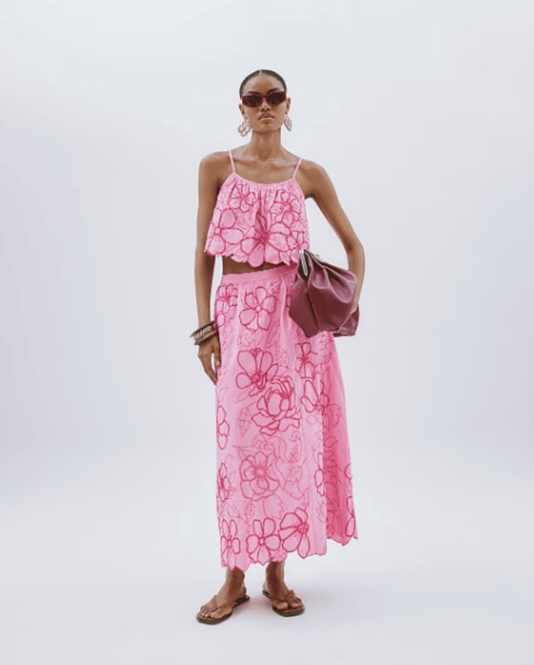 Woman wearing pink floral dress