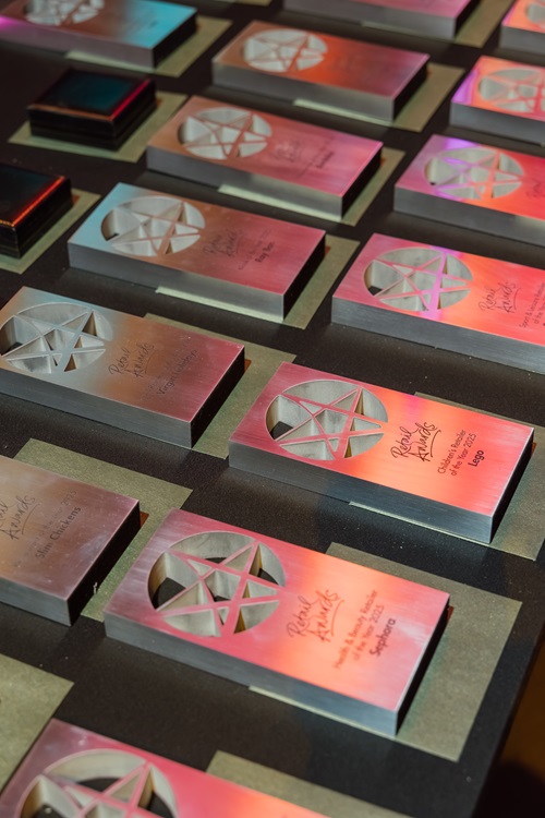 Retail award trophies sit on a table