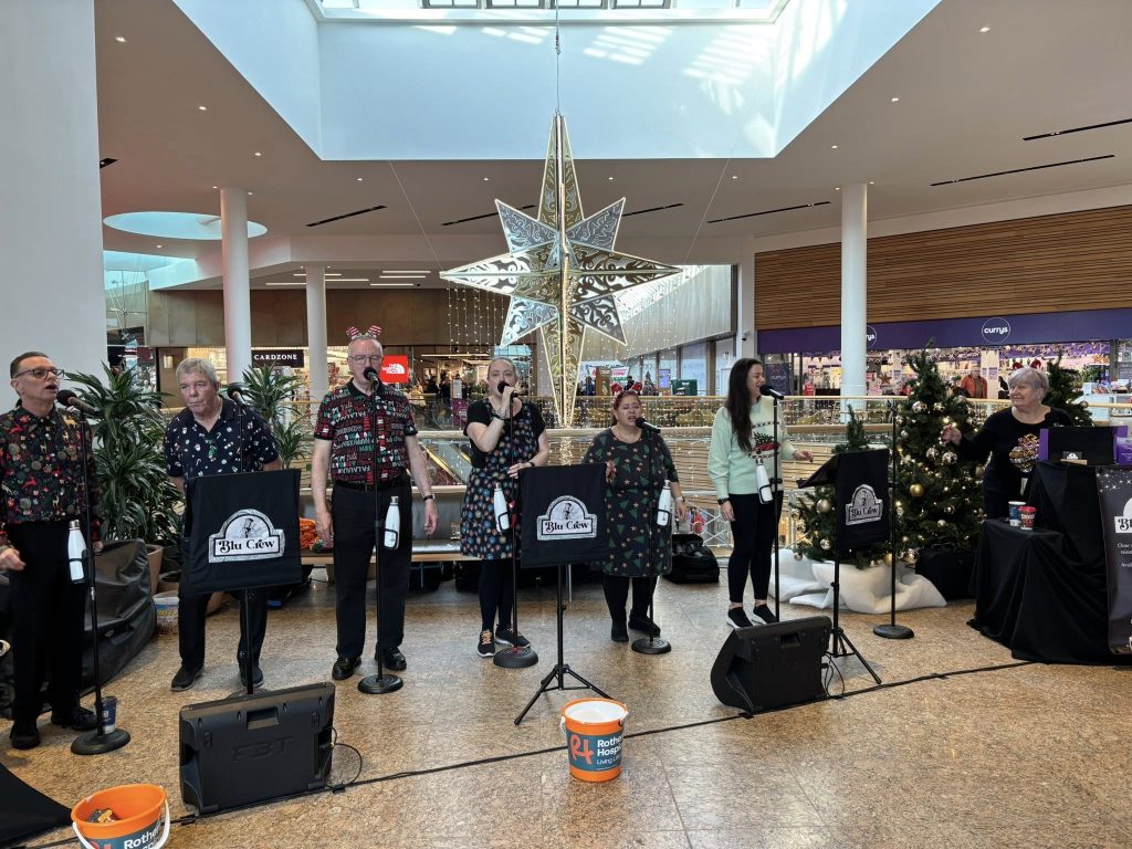 This image shows a vocal group called Blu Crew performing in what appears to be a modern shopping mall during the holiday season. The group consists of seven performers positioned in a line, singing into microphones.