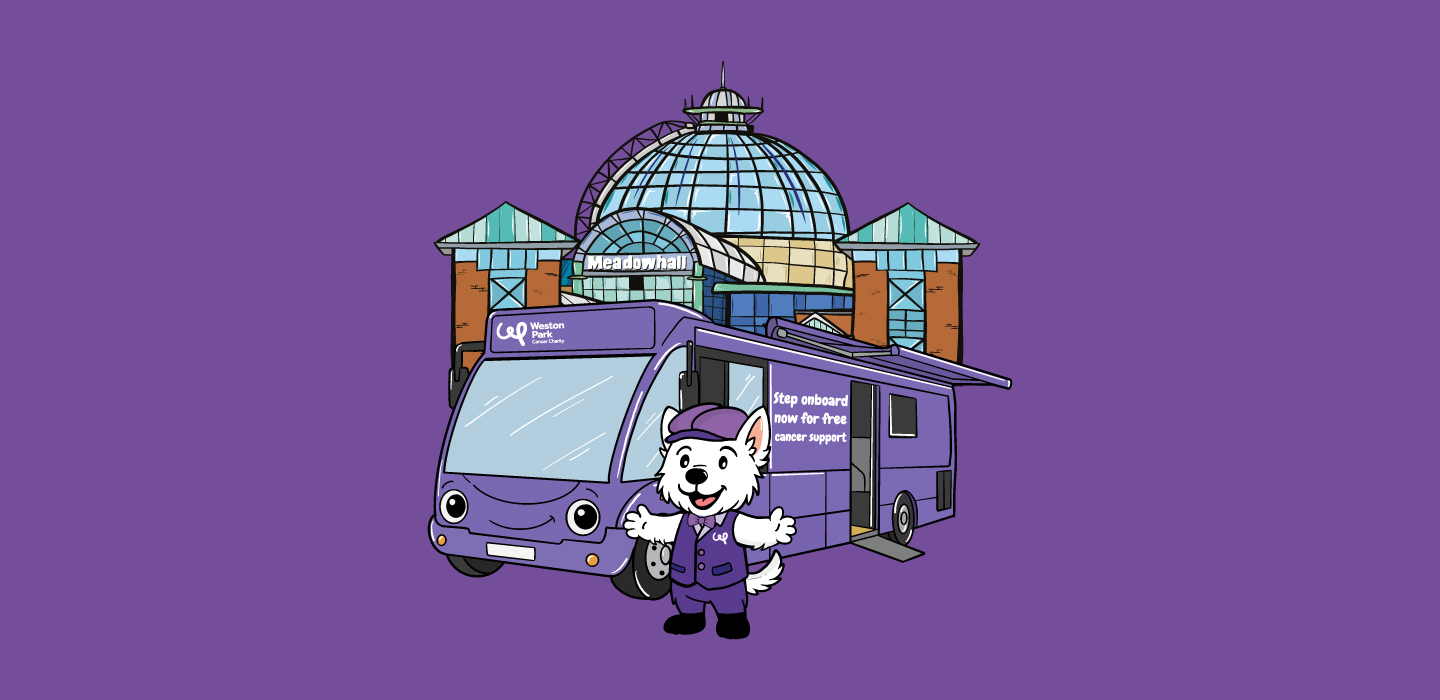 Illustration of meadowhall, a bus and a westie dog wearing a bus drivers outfit.