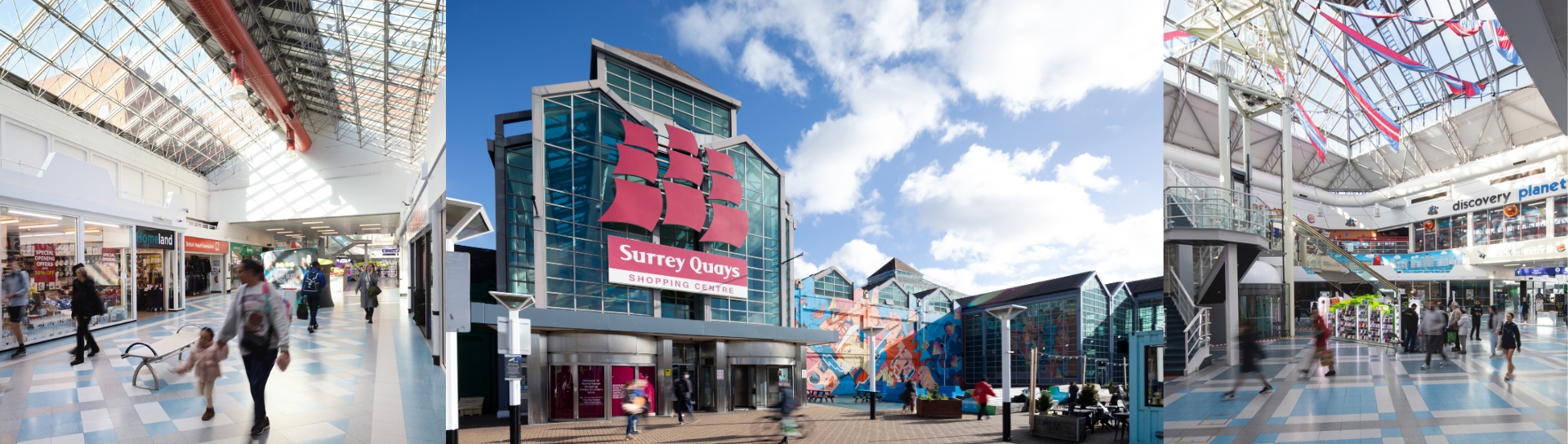 A collage of Surrey Quays shopping centre.